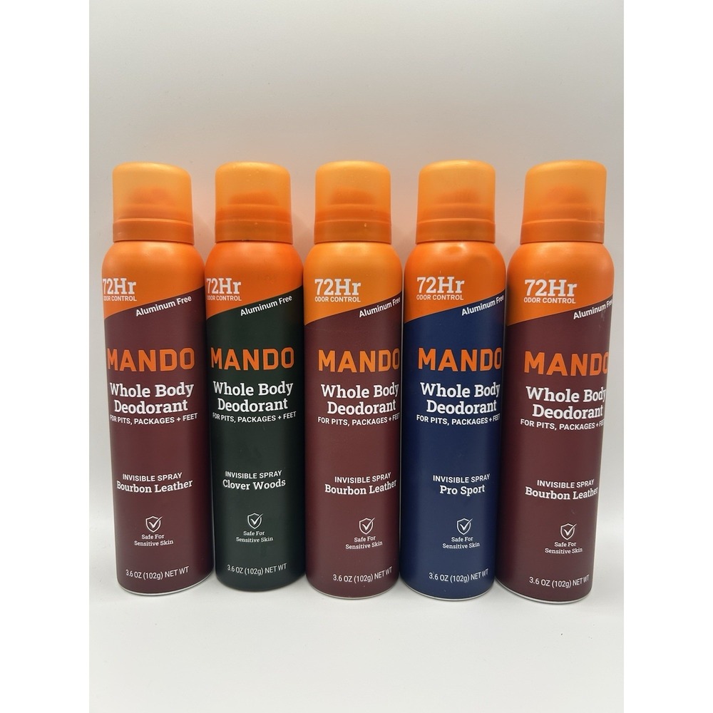 Mando Whole Body Deodorant Spray 3.6oz 5 Pack Bourbon Leather Pro Sport